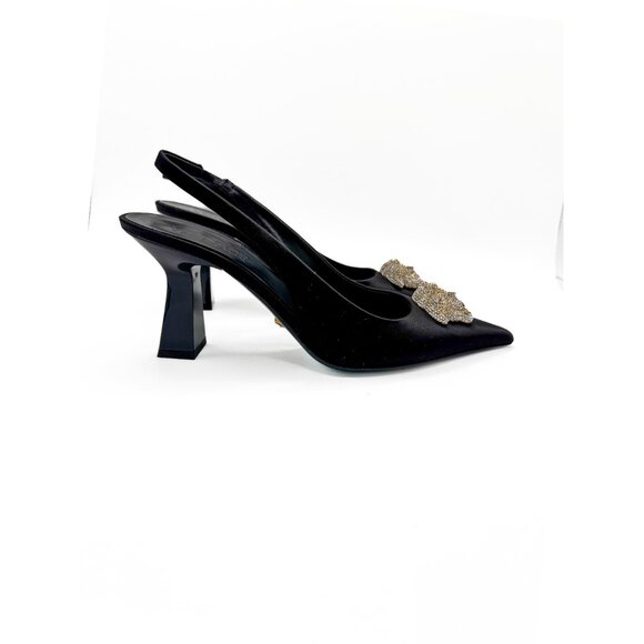 Versace Crystal Medusa Black Satin Slingback Pumps - Picture 3 of 10